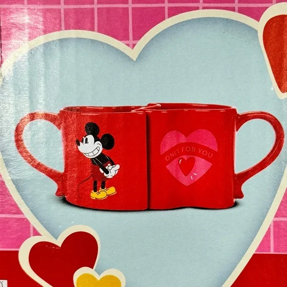 Disney Classic Mickey & Minnie Interlocking Heart Mug Set Couples Gift in Box - Picture 2 of 8